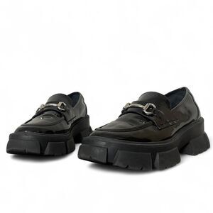 Steve Madden Trifecta Black Chunky Leather Loafer Sz 6 Lug Sole Platform Silver